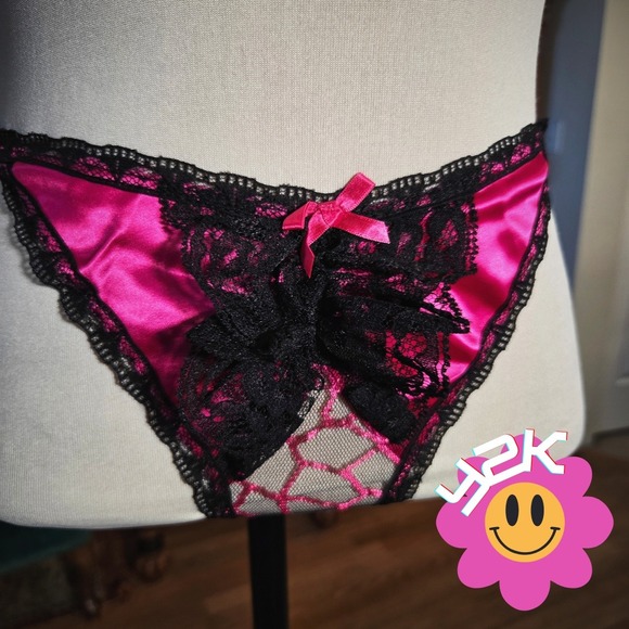 Other - Vintage Y2K Hot Pink Black Lace Bow Thong Panty Lingerie One Size